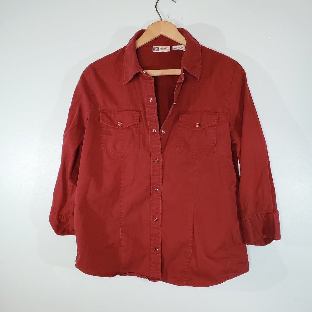 Faded Glory Ladies Red Button Up Shirt Pearl Buttons Size M